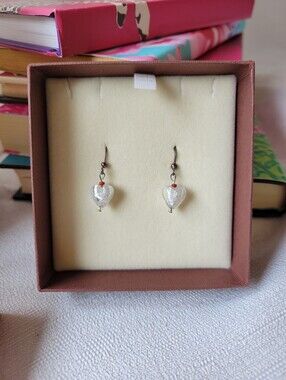 Fire & Ice Pearl Heart Drop Earrings with Red Accent